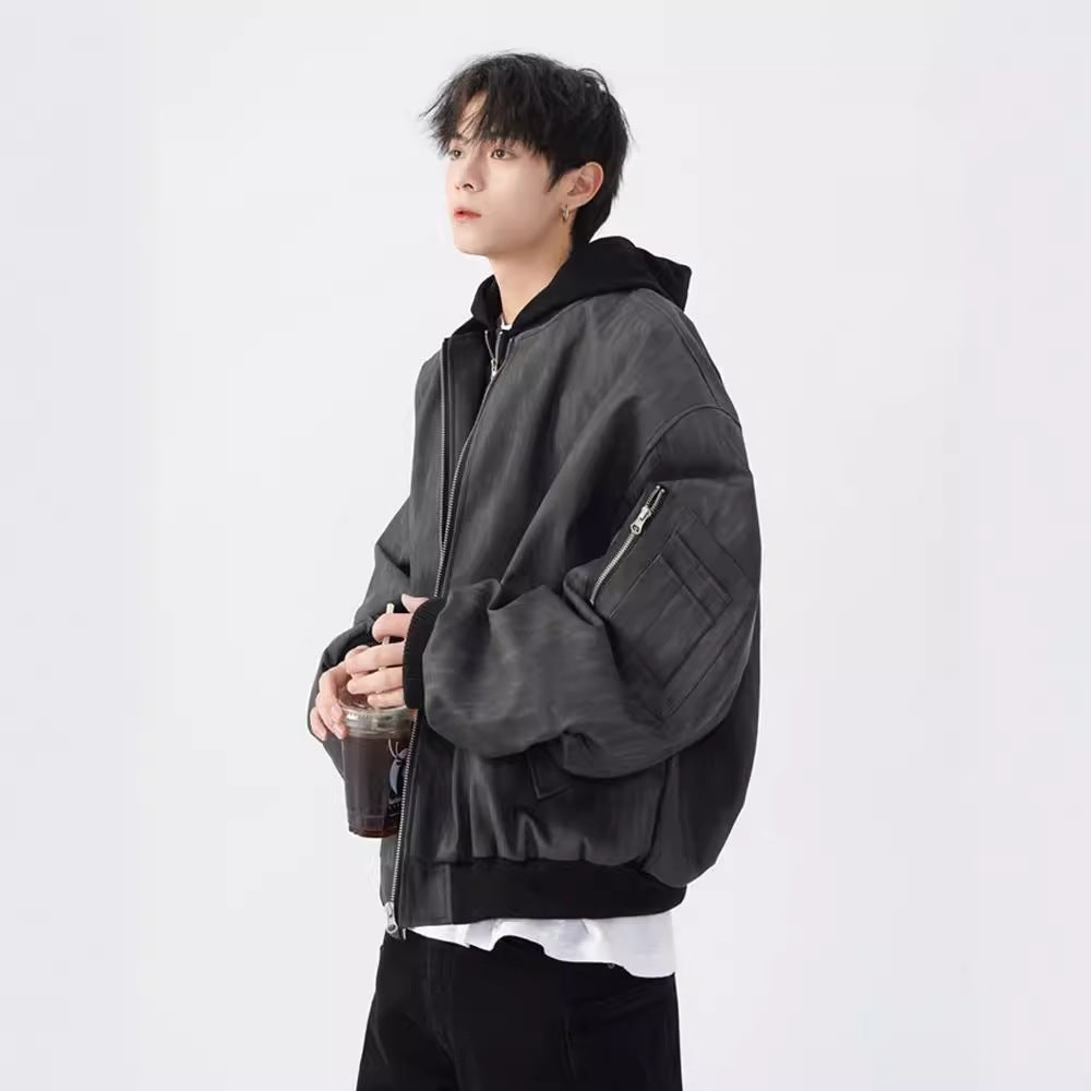 Leather Bomber Zip Up Jacket