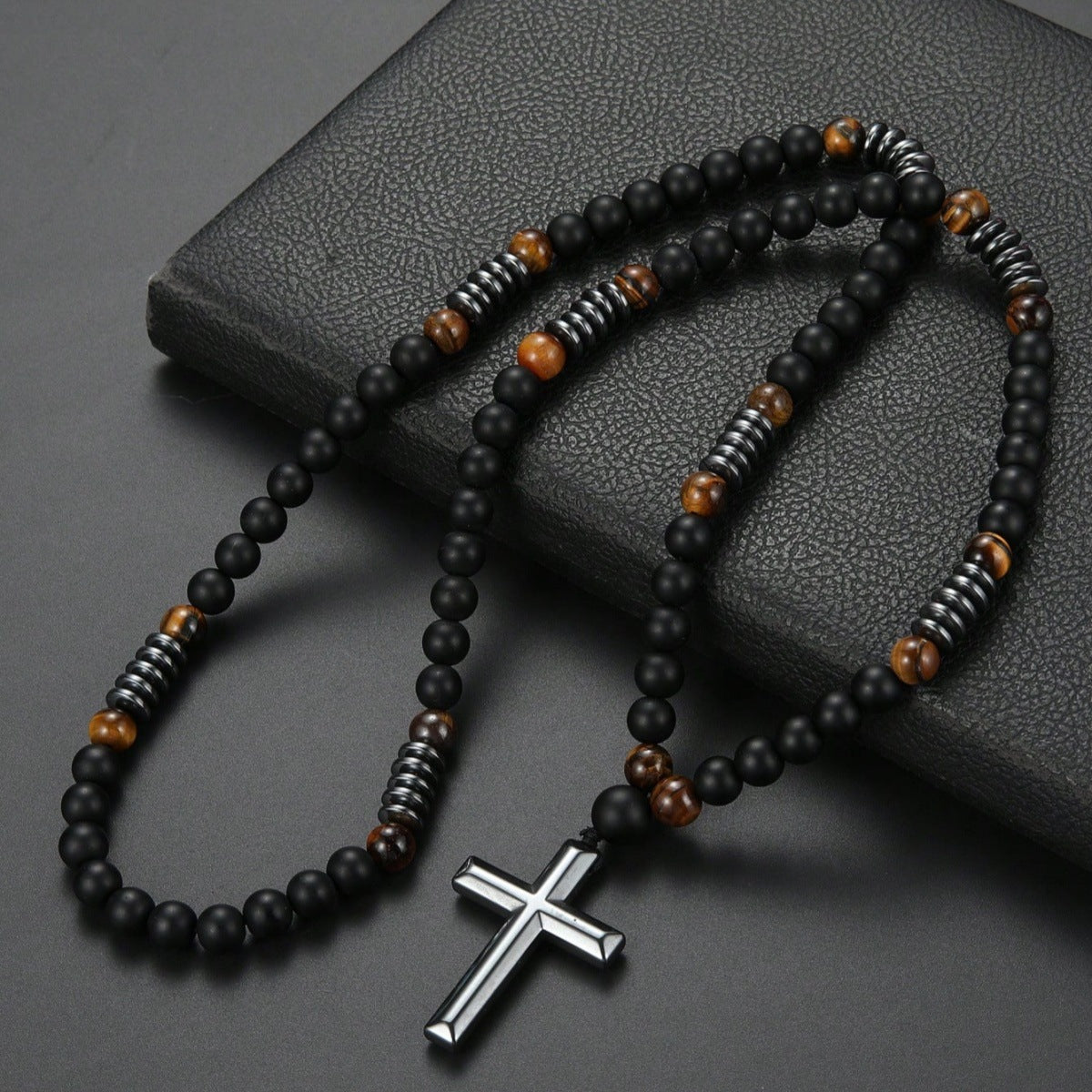 Vintage Natural Stone Men's Long Cross Necklace