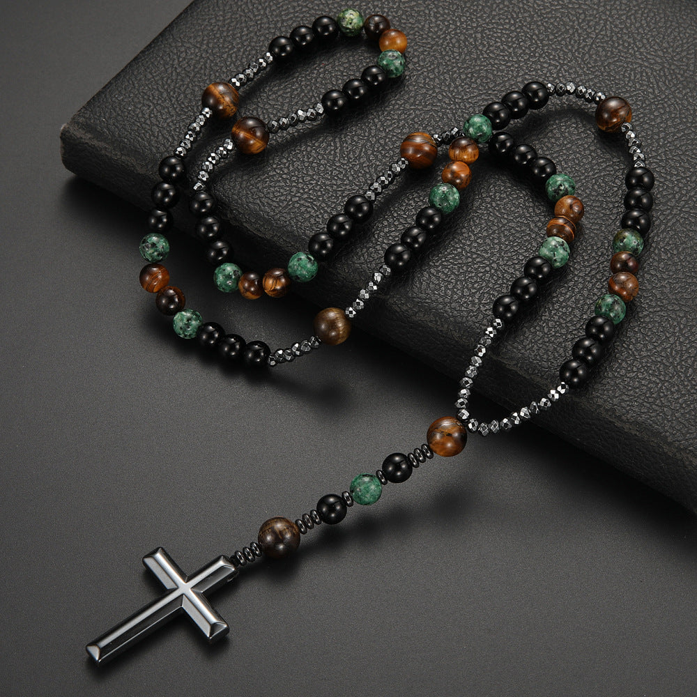 Vintage Natural Stone Men's Long Cross Necklace