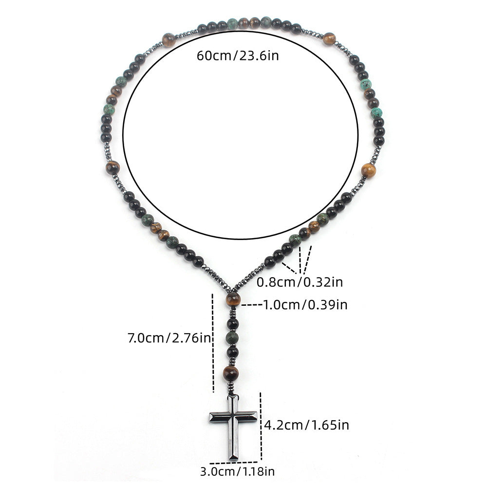 Vintage Natural Stone Men's Long Cross Necklace