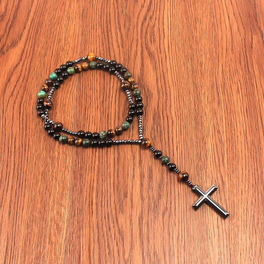 Vintage Natural Stone Men's Long Cross Necklace