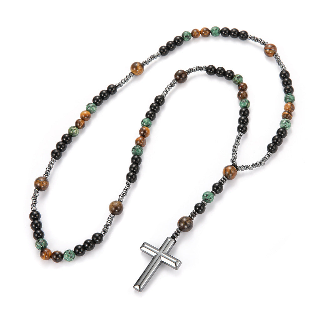 Vintage Natural Stone Men's Long Cross Necklace