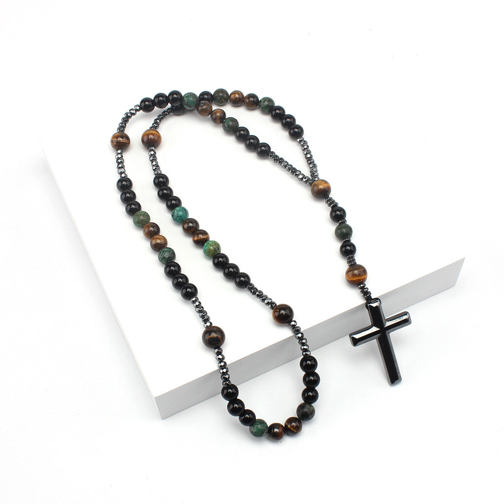 Vintage Natural Stone Men's Long Cross Necklace