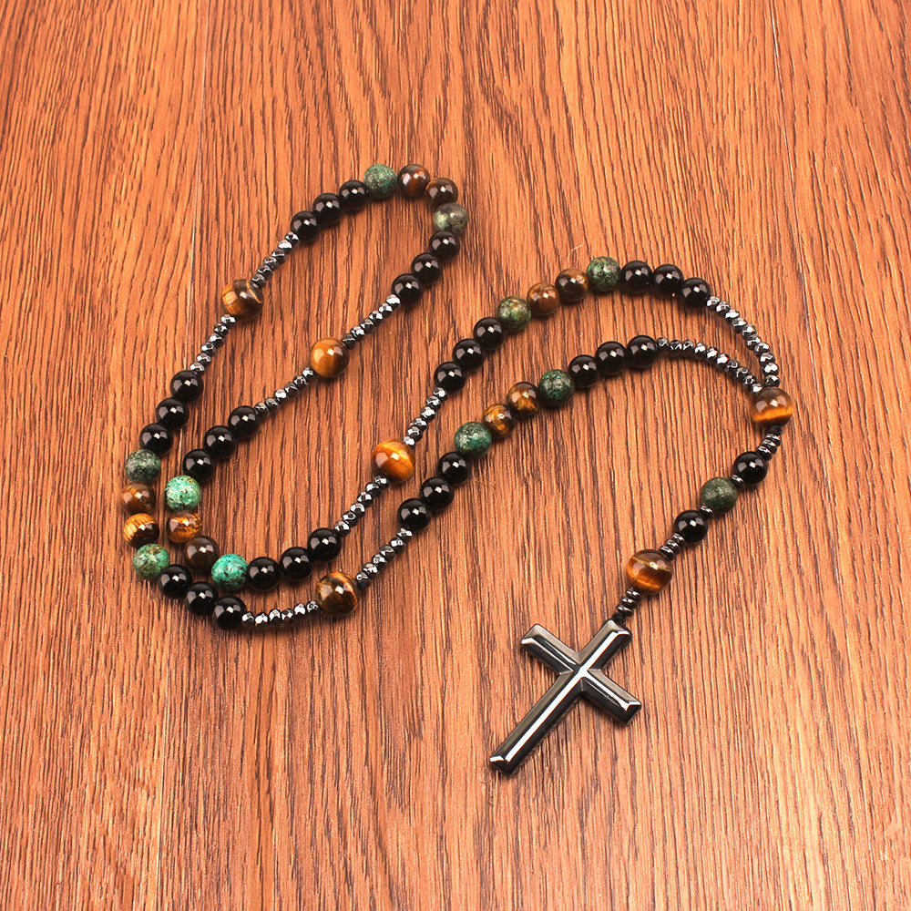 Vintage Natural Stone Men's Long Cross Necklace